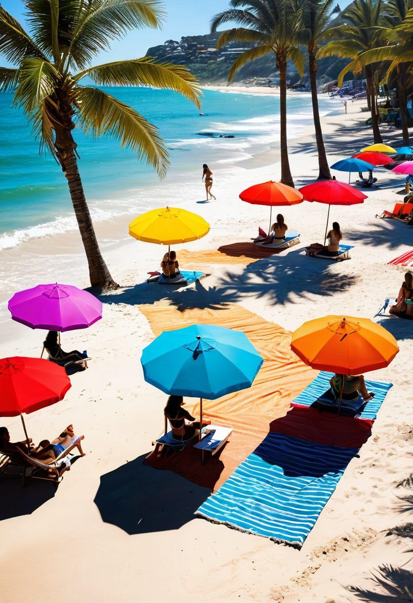 A vibrant beach scene showcasing various women of diverse body types modeling different bikini styles, transitioning from string bikinis to halter tops. Sunlight glistens on the water while colorful beach umbrellas and towels add a summery vibe. In the background, palm trees sway gently and playful waves lap the shore, creating an inviting atmosphere. The scene should evoke confidence and joy in embracing personal style. colorful, high-resolution, bright summer tones.