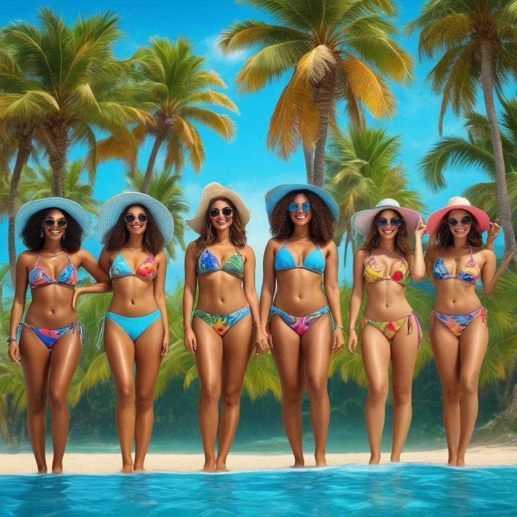 A vibrant beach scene featuring a diverse group of women wearing an array of Brazilian bikini styles, showcasing bright colors and unique patterns. Include elements such as palm trees, sun, and clear blue water, emphasizing a joyful summer atmosphere. Add beach accessories like sunglasses and beach towels for a fun vibe. super-realistic. vibrant colors. bright background.